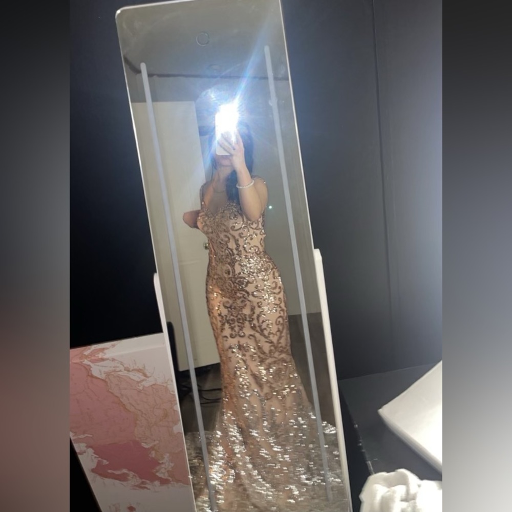 Rose Gold and Pink mermaid bodycon prom dress with ties in the back